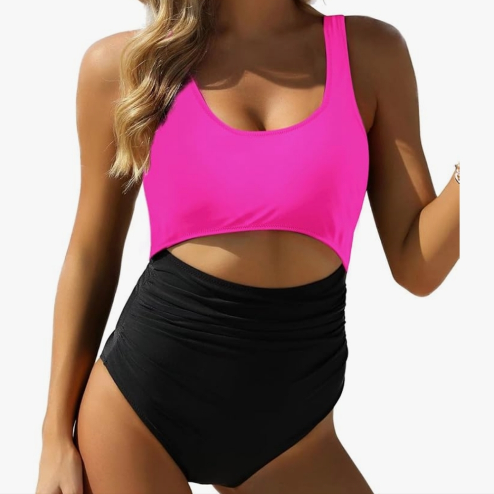 Pink And Black Tummy Control High Waisted Cut Out Swimsuit Sizw XL